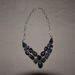 BEAUTIFUL 925 Sterling Silver Handmade BLACK/GRAY OBSIDIAN Gemstone Necklace